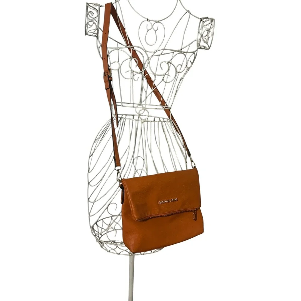 Michael Kors Burnt Orange Pebbled Leather Foldover Crossbody Bag Gold Hardware